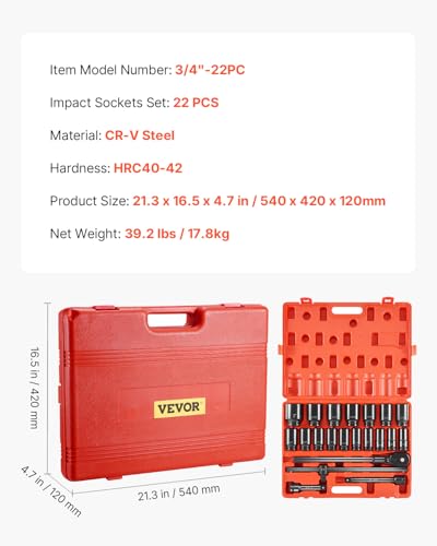 VEVOR Impact Socket Set 3/4 Inches 22 Piece Deep Impact Sockets, 6-Point Sockets, Rugged Construction, CR-V Drive Socket Set Impact SAE 13/16 inch - 2 inch, Includes Carrying Case and Ratchet Handle - style: 3/4" 22PCS