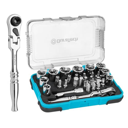 DURATECH 33-Piece 1/4" Drive Socket and Ratchet Set | 2 in 1 Flex Head Ratchet with Magnetic Bit Driver, CR-V Steel Sockets & Bits, Storage Case - size: 33pcs Set