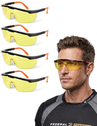 Safety Glasses 4 Pack – Amber Lense Enhanced Visibility ANSI Z87.1 Anti Fog, UV Protection, Impact Resistant Protective Eyewear Over-spec - color: Amber