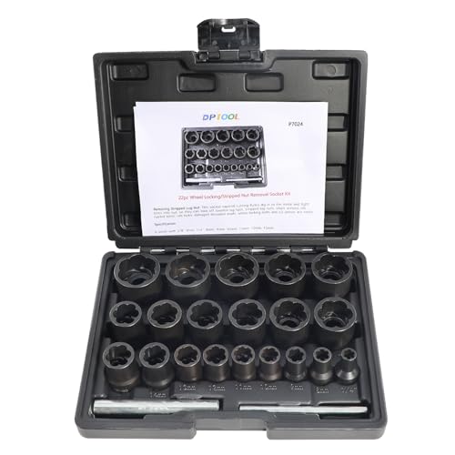 DPTOOL 22 Piece Bolt Nut Extractor Set 1/2" 3/8" Dr Lug Nut Extractor Set | Impact Lug Nut Remover Socket Tool, Wheel Lock Removal Kit for Extracting Damaged, Stripped Frozen Nut Screw Twist Socket Set - size: 22PC