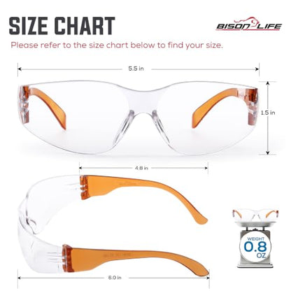 BISON LIFE Clear Safety Glasses – ANSI Z87.1 Certified Scratch & Impact Resistant Eye Protection Goggles for Men & Women - color: Clear/Orange