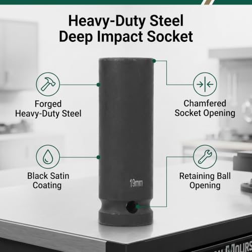 Impact Socket, 1/2 Inch Drive 17/18/19mm Metric Deep Impact Socket 6 Point Pneumatic Air Socket for Automotive Repair Professional Mechanics CrMo Steel