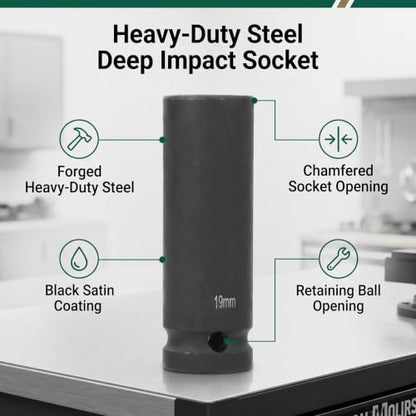 Impact Socket, 1/2 Inch Drive 17/18/19mm Metric Deep Impact Socket 6 Point Pneumatic Air Socket for Automotive Repair Professional Mechanics CrMo Steel