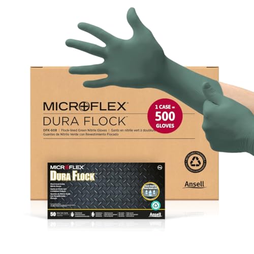 Ansell Microflex Dura Flock DFK-608 Thick 11mil Nitrile Gloves w/Flock Lining for Automotive, Aftermarket, Machinery - Small, Green (Case of 500) - size: Small, style: Pack of 500