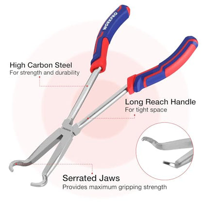 WORKPRO 3 PCS 11" Hose Gripper Plier Set, Dia. 5/16'', 1/2'' and 3/4'' | Long Reach Hose Gripping Pliers, Spark Plug Boot Removal Pliers, Serrated Jaws for Hard to Reach Narrow Spaces