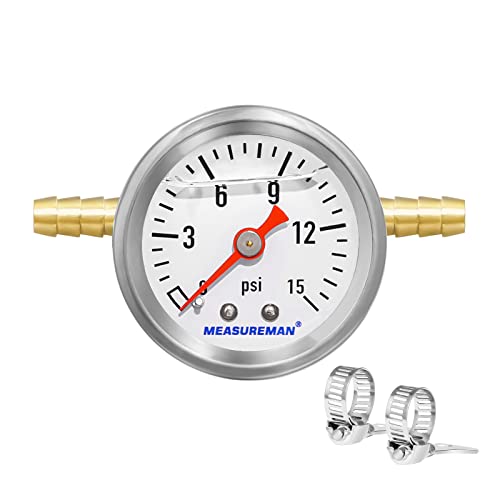 MEASUREMAN Fuel Pressure Gauge Kit 0-15Psi Stainless Steel Glycerin Filled, 1-1/2" Dial Size, with 5/16" Fuel Line Fuel Pressure Brass T-Fitting Adapter, Center Back Mount - size: 0-15 psi, style: Back Mount T-Fitting Adapter