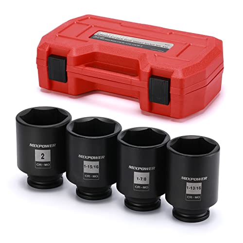 MIXPOWER 1/2-Inch Drive Deep Impact Socket Set, Inch, Cr-Mo, 6 Point, 1-13/16",1-7/8", 1-15/16", 2", 4-Pieces 1/2" Dr. Spindle Axle Nut Impact Socket Set, Impact Grade - size: Deep