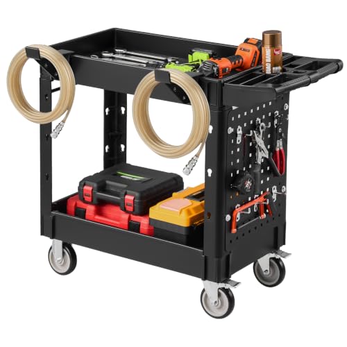 VEVOR Heavy Duty Utility Cart with Tray & Pegboard, 550 LBS 2 Tier Service Cart with 360° Swivel & Fixed Wheels (2 with Brakes), Plastic Rolling Cart, Tool Storage for Garage Warehouse Workshop - size: 39.76 x 17.32 x 33.27 in