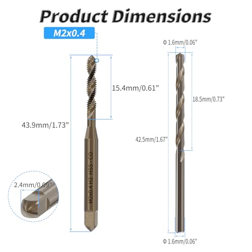 Tap and Drill Bit Set, M2x0.4 Tap and 1.6mm Twist Drill, HSS, Spiral Point | For M2x0.4 Thread Tapping and Drilling, Spiral Point Tap and Twist Drill Combo for Industrial Mechanics Metalworking - size: M2*0.4 + 1.6mm