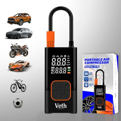 VT06 Portable Tire Inflator, 150 PSI Cordless Air Pump | Dual 2000mAh Battery, Rechargeable, Auto Shut-off, Digital Display, USB-C Out, Car Motorcycle Bike Balls