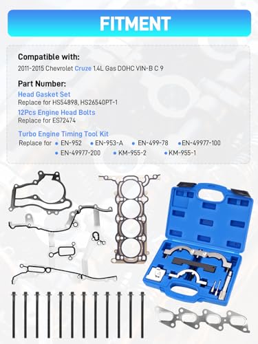 1.4 Engine Cylinder Head Gasket Set with ES72474 Bolts & Turbo Engine Timing Tool Kit Compatible with 2011-2015 Chevrolet Chevy Cruze 1.4L, Full Engine Gasket Kit Replace# HS54898, HS26540PT-1