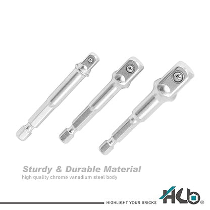 HB 3-Piece Socket Adapter Set AAM001-U | 1/4" Hex Shank Impact Driver Drill Adapters | 1/4", 3/8", 1/2" Drive | Chrome Vanadium Steel with Spring-Loaded Detent Ball | Professional Tools Made in Taiwan - size: 1/2" & 3/8" & 1/4" DR.