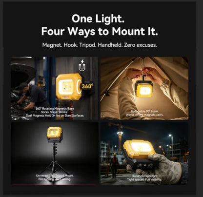 2 Pack LED Work Light, 1500LM COB Rechargeable Magnetic Flashlight | 4000mAh Battery, 15 Modes, UV Light, 360° Rotating Base, Hook & Tripod Mount