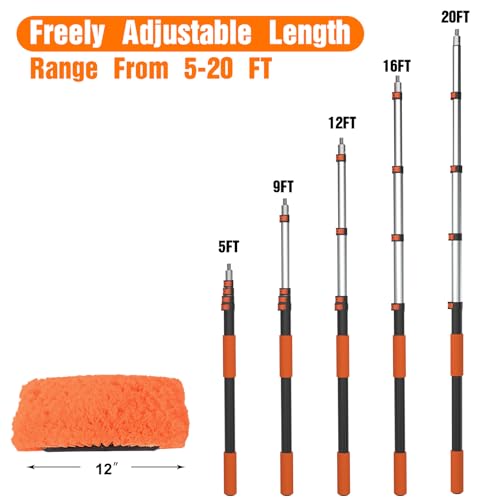 LAANPOLE 20FT Car Wash Brush with Long Handle, Car Cleaning Kit with Soft Bristle Wash Brush, Microfiber Cleaning Mop, Window Squeegee, Mitt, Wheel Brush for RV, Truck, Boat, House Siding - size: 20FT