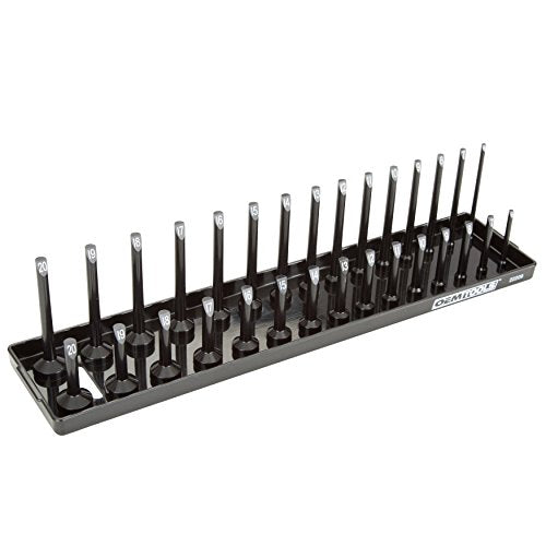 OEMTOOLS 22209 3/8" Metric Socket Organizer, 3/8 Socket Organizer for Deep and Shallow Sockets, Labeled Posts, Dual Rail, Holds 6 mm to 20 mm - size: 3/8"