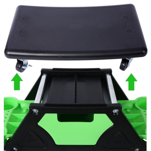 Mechanic Creeper Seat, Rolling Garage Stool with Detachable Cushion, Storage Drawer, Tool Trays, 300 lbs Heavy Duty, 360° Swivel Wheels for Auto Repair Workshop, Green