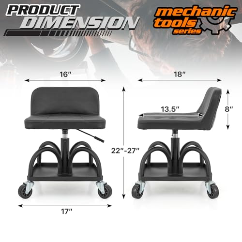 M-AUTO Padded Seat Garage Stool on Wheels, 16”-21” Height Adjustable Swivel Mechanics Seat with Tool Tray Storage for Garage and Garden, 300lbs Capacity - size: 21" Square