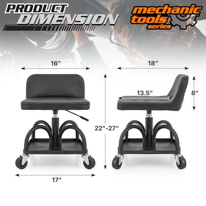 M-AUTO Padded Seat Garage Stool on Wheels, 16”-21” Height Adjustable Swivel Mechanics Seat with Tool Tray Storage for Garage and Garden, 300lbs Capacity - size: 21" Square