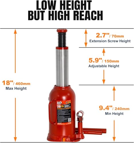 20 Ton Hydraulic Bottle Jack, 40,000 LBS Heavy Duty Welded Steel Auto Lift Jack with Adjustable Height, Overload Protection, Leak-Free Pump, for Truck, RV, Industrial and Garage Use, Red - color: Red