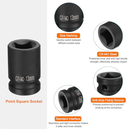HARFINGTON 2pcs 4 Point Square Socket 1/2" Drive 13mm Metric Square Impact Socket CR-MO Blackening Standard Wheel Sockets Pneumatic Socket Tool for Auto Repair Mechanical Maintenance Home Use - size: 13mm