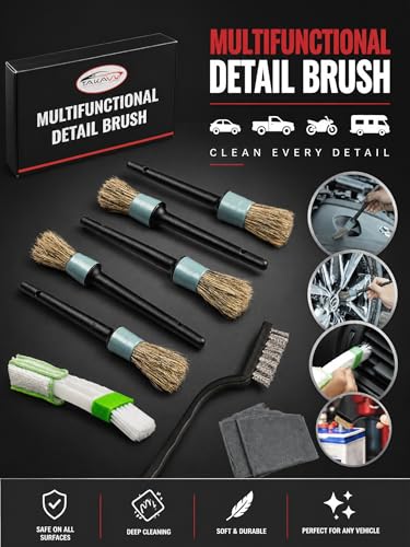 TAKAVU Car Detailing Brush Kit, 10 Piece Boar Hair for Interior | Detail Brushes, Wire Brush & Microfiber Towel for Engine Bay & Auto Interior Cleaning, Vents, Emblems & Trim