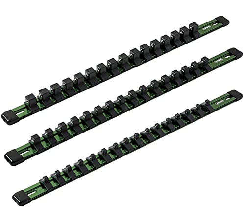 ARES 60045-3-Piece 17-Inch Green Aluminum Socket Rail Set - 1/4-Inch, 3/8-Inch, and 1/2-Inch Drive Socket Organizers Hold 48 Sockets - color: Green, size: Multi-Drive