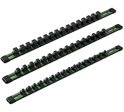 ARES 60045-3-Piece 17-Inch Green Aluminum Socket Rail Set - 1/4-Inch, 3/8-Inch, and 1/2-Inch Drive Socket Organizers Hold 48 Sockets - color: Green, size: Multi-Drive