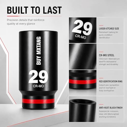 8PCS 1/2"Impact Socket Set Metric,29mm,30mm,32mm,34mm,35mm,36mm,38mm,39mm, Axle Nut Impact Socket Set L90, 6-Point CR-MO - size: 6 Point 8PCS 1/2" Socket Set Metric