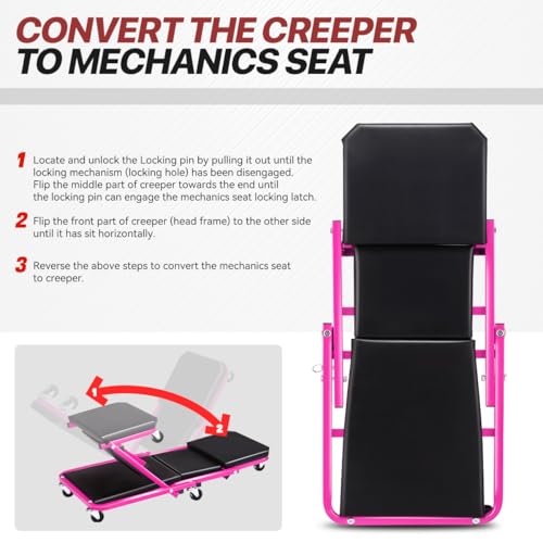 Foldable Creeper, 2-in-1 Rolling Garage Z Creeper Car & Seat, 36" Roller Mechanics Under Car Chair, 330 LBS Weight Capacity Heavy Duty, Rose Pink - color: Pink, size: 36 Inch Length