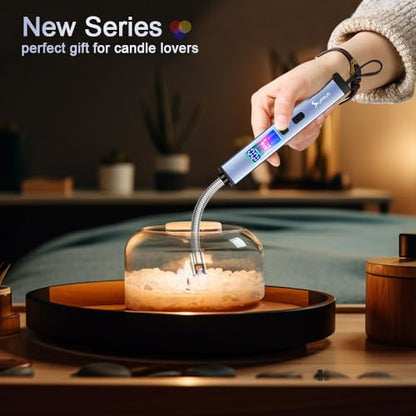 SUPRUS Electric Candle Lighter USB-C Rechargeable with Digital Battery Display Ambient Lighting Safety Switch 360° Flexible Neck Flameless Plasma Windproof Perfect for Candle BBQ Camping (Blue) - color: Blue