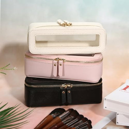 Aveniee Clear Makeup Brush Bag,Slim Cosmetic Brush Holder,Small Toiletry Bag Mini Travel Case for Women,Thin Make up Bags with Dual Zipper,Cute Travel Essentials Organizer,White - color: Off-White, style: Slim Elegance