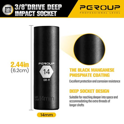 3/8” Drive Deep Impact Socket, Metric(14mm socket), 6-Point, Cr-V Steel With Black Manganese Phosphate Coating - size: 14 mm