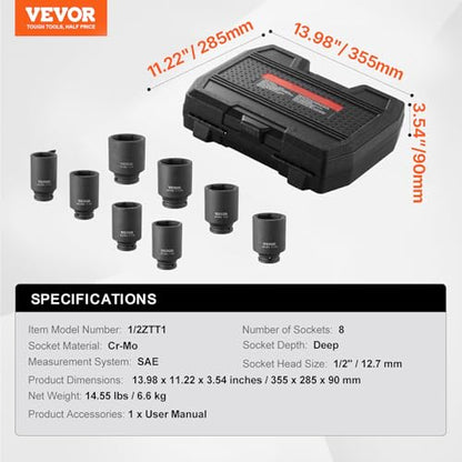 VEVOR Axle Nut Impact Socket Set - 1/2" Drive Deep 6-Point 8-Piece SAE Spindle Nut Socket CR-MO Heat Treated Large Socket Set with Storage Case for Auto Repair, Removing or Installing Axle Nuts - style: 1/2" 8PCS CR-MO