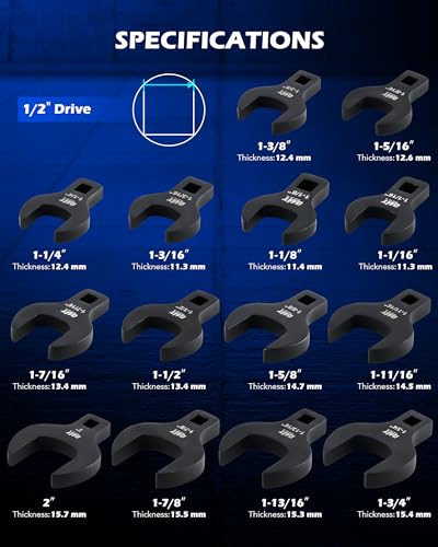 Orion Motor Tech 14 Piece Jumbo Crowfoot Wrench Set, SAE Crows Foot Wrench Set for 1-1/16" to 2" Flare Nuts for 1/2" Drive Rachets & Extenders, Blackened Cr-V Steel Crowfoot Wrenches with Carry Case