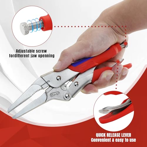 9 Inch Needle Nose Vice Grip Locking Pliers with CR-V Jaws | Long nose locking grip with quick release lever, adjustable screw and non-slip TPR handle for automotive and electronics