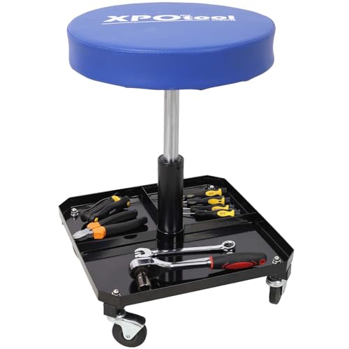 250 lb Rolling Workshop Stool with Tool Tray – Adjustable 16.5″‑21″ Gas‑Lift Mechanic Chair, 360° Swivel Casters & Plush Padded Seat for Auto Repair & Car Detailing (Black + Blue)