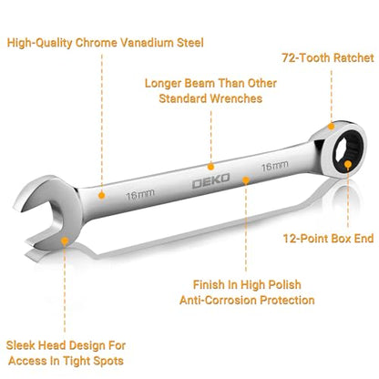 DEKOPRO 24-Piece Ratcheting Combination Wrench Set Metric 8-19mm & SAE 1/4"-7/8", Fixed-Head Ratchet Wrenches Set with Rack Organizer, Cr-V Steel 12 Point 72 Teeth - size: Metric & SAE-24 pcs