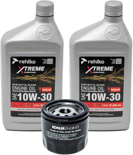 OEM Replacement for Kohler 10W30 Engine Oil & 12 050 01-S Oil Filter Kit, 2 Qt 3-Pack Synthetic Blend Motor Oil, Small Engine Oil for Lawn Mower, Generator & Outdoor Power Equipment Maintenance Refill