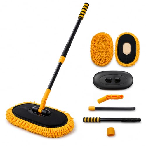 Extension Pole Car Wash Mop with Long Handle, Microfiber Car Wash Brush | Telescopic long-reach mop, 49 in reach, 15° angled head, reaches roofs scratch-free, wet or dry, cars, SUVs, RVs & boats
