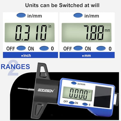 GODESON Digital Tire Tread Depth Gauge – Solar & Battery Hybrid, Inch/MM Modes, 1"/25.4mm Range, Blue Accurate Tread Depth Gauge Tool for Cars, Trucks & Motorcycles Tire Wear Check - style: IN/MM - Blue
