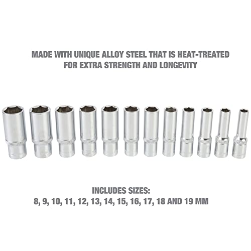 OEMTOOLS 23981 12 Piece Deep Socket Set 3/8, Deep Well Socket Set Metric 8mm-19mm, Heat-Treated Alloy Steel Sockets, Hard Chrome Finish, EVA Foam Tray - style: 3/8" Drive Metric