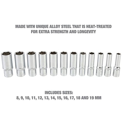 OEMTOOLS 23981 12 Piece Deep Socket Set 3/8, Deep Well Socket Set Metric 8mm-19mm, Heat-Treated Alloy Steel Sockets, Hard Chrome Finish, EVA Foam Tray - style: 3/8" Drive Metric