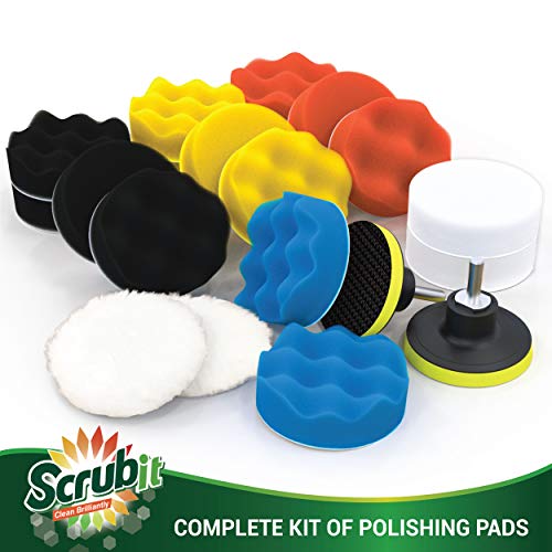 Car Foam Drill Polishing Pad Kit by SCRUBIT – 22 Pack, Includes 16 Detailing Sponges (3 in.), 2 Wool Buffer Pads, 2 Drill Adapters and Suction Cups for Your Vehicle - Waxing and Polisher Set