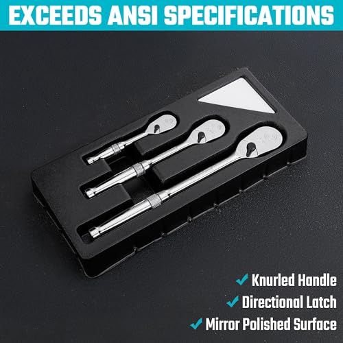 DURATECH 3-Piece Ratchet Set, 1/4", 3/8", 1/2" Drive | 90-Tooth, Dirt Resistance, Chrome Alloy, Fully Polished, Storage Case - style: Low Profile