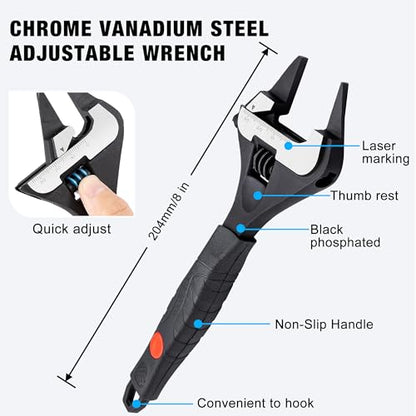 MAXPOWER 8-inch Slim Jaw Adjustable Wrench, Wide Jaw Opening Adjustable Wrench, Dual Scale with Metric and SAE Plumbing Wrenches, Soft Grip Handle - size: 8"