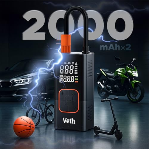 VT06 Portable Tire Inflator, 150 PSI Cordless Air Pump | Dual 2000mAh Battery, Rechargeable, Auto Shut-off, Digital Display, USB-C Out, Car Motorcycle Bike Balls