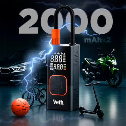 VT06 Portable Tire Inflator, 150 PSI Cordless Air Pump | Dual 2000mAh Battery, Rechargeable, Auto Shut-off, Digital Display, USB-C Out, Car Motorcycle Bike Balls