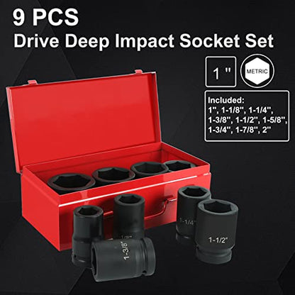 1 Inch Drive Deep Impact Socket Set, Cr-Mo 6-Point (1-Inch - 2-Inch) 9pc | Impact Socket Set with Heavy Duty Storage Case