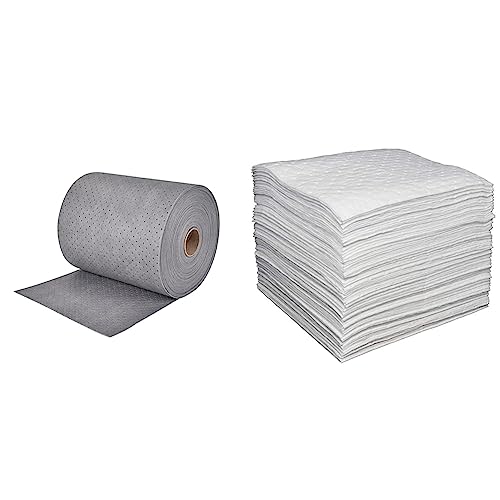 Aain LT010A Heavy Duty Oil Absorbent Pads, Oil Maintenance Mat Roll for All Purpose Super Absorbent Mat Roll, Gray, 150' L x 15" W & LT011 Spill Absorbent Pads/Mats, 20" Length x 15" Width, White