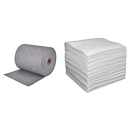 Aain LT010A Heavy Duty Oil Absorbent Pads, Oil Maintenance Mat Roll for All Purpose Super Absorbent Mat Roll, Gray, 150' L x 15" W & LT011 Spill Absorbent Pads/Mats, 20" Length x 15" Width, White